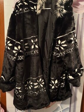 Black Faux Fur Patterned Coat with Hood
